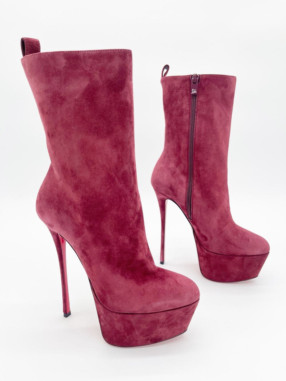 Christian Louboutin Burgundy Suede Dolly Booty Alta Platform Ankle Boots EU 37